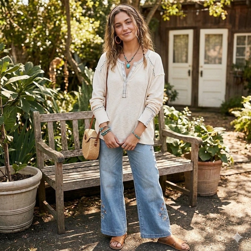 We The Free Henley Top Womens XL Ivory Boho Embroidered Thermal Long Sleeve